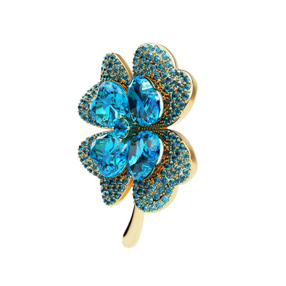 Blaues vierblättriges Kleeblatt mit Zirkonia - Glücksbrosche