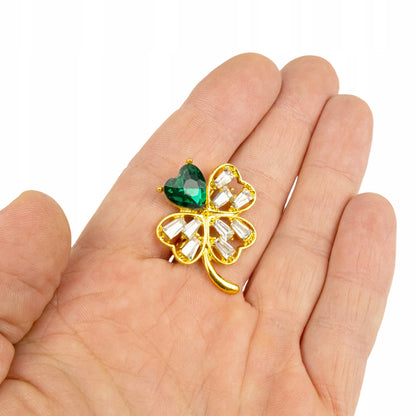 Goldenes Kleeblatt mit grünem Herz - Brosche mit Zirkonia