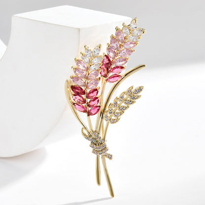 Getreideähren mit rosa Zirkonen – 14K vergoldete Brosche