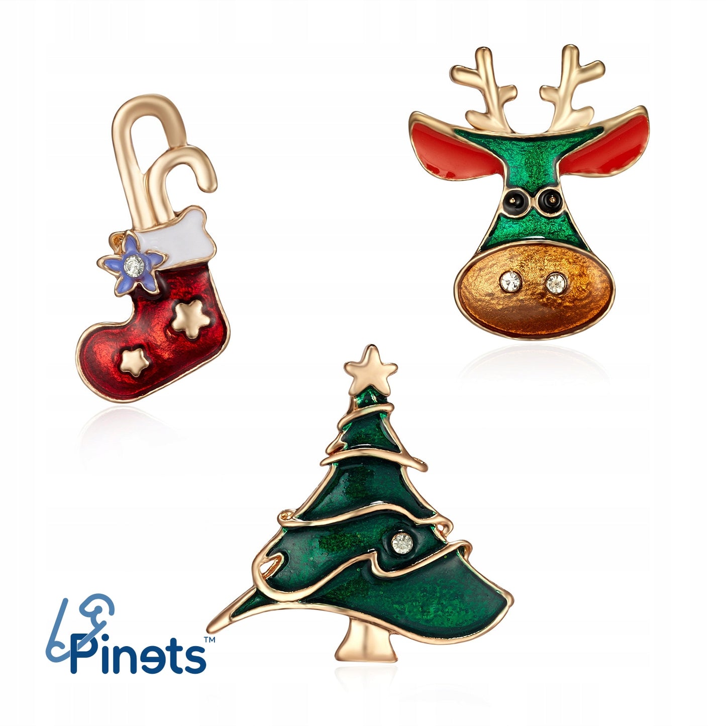 3er-Set Weihnachtsnadeln: Rentier, Weihnachtsbaum, Strumpf