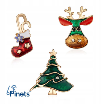 3er-Set Weihnachtsnadeln: Rentier, Weihnachtsbaum, Strumpf