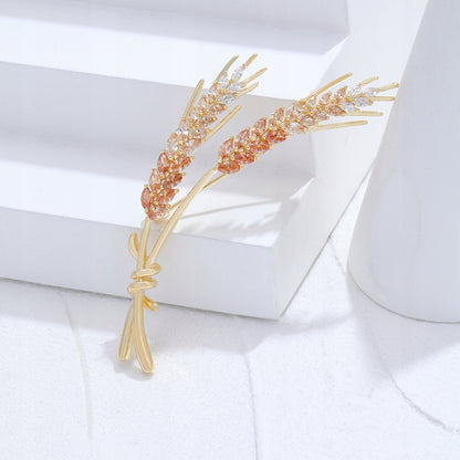 Getreideähren - 14K vergoldete Brosche mit Zirkonia