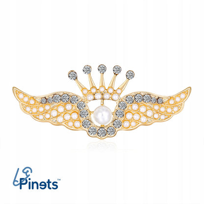Flügel mit einer Krone - goldene Brosche mit Zirkonen und einer Perle