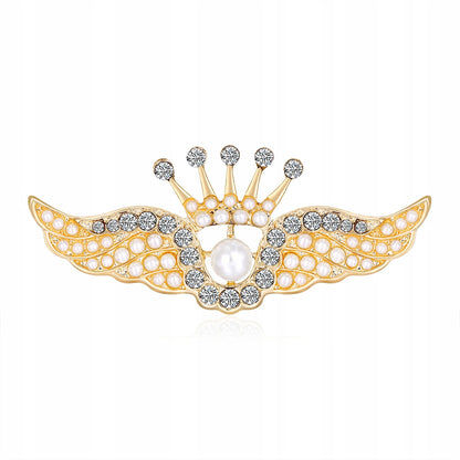 Flügel mit einer Krone - goldene Brosche mit Zirkonen und einer Perle