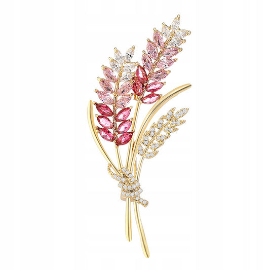 Getreideähren mit rosa Zirkonen – 14K vergoldete Brosche