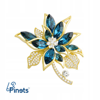 Blaue Blume mit Zirkonia – 14 Karat vergoldete Brosche