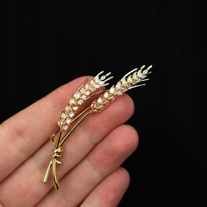 Getreideähren - 14K vergoldete Brosche mit Zirkonia