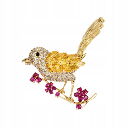 Vogel auf einem Ast mit Blumen - 14K vergoldete Brosche