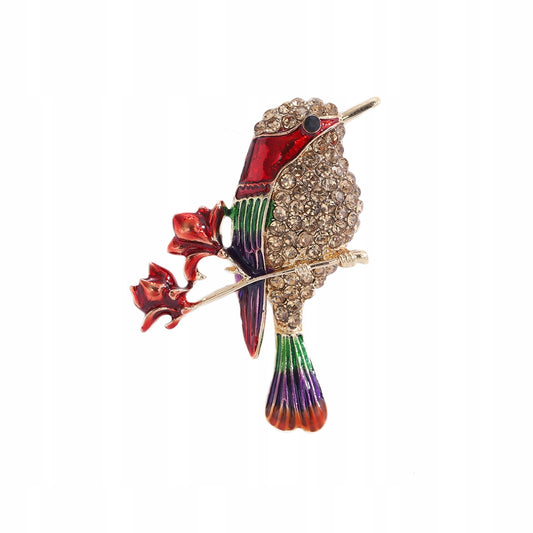 Goldener Vogel mit roten Blumen - Brosche verziert mit Zirkonias