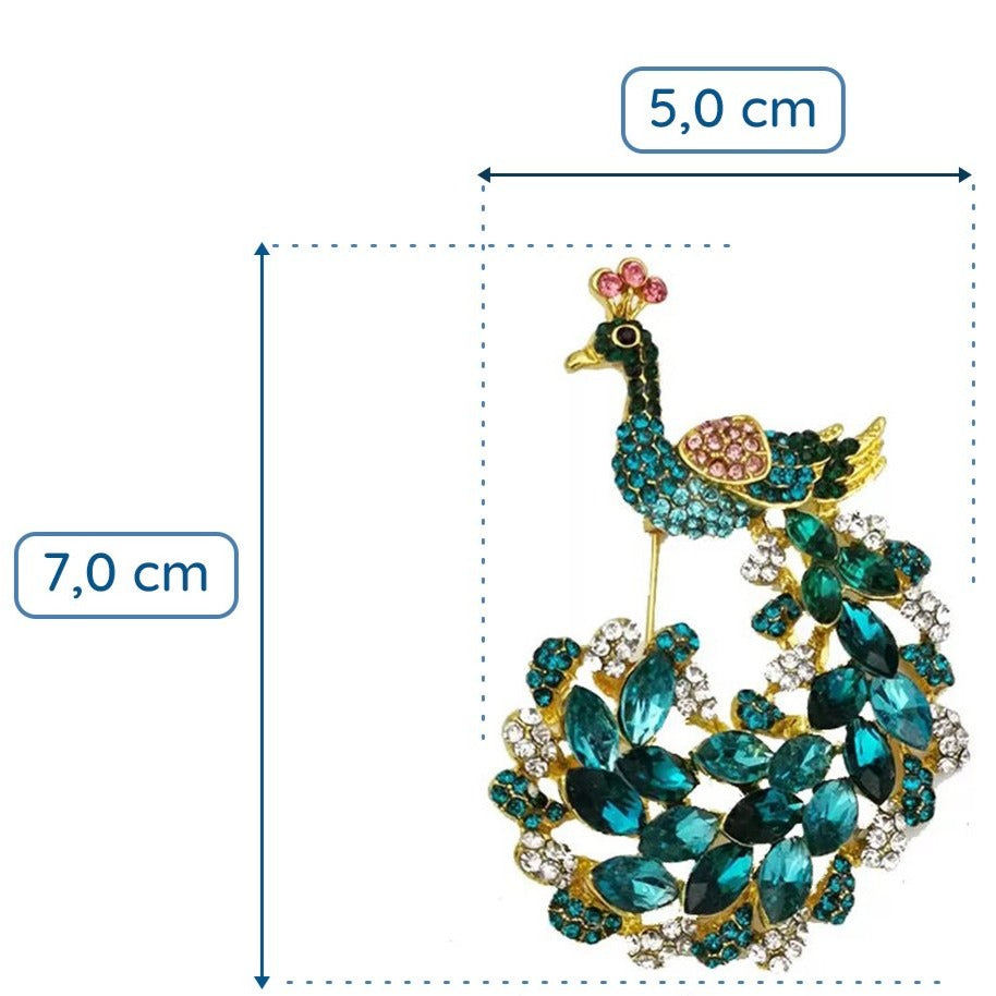Türkisfarbene Pfauenbrosche mit Zirkonia besetzt