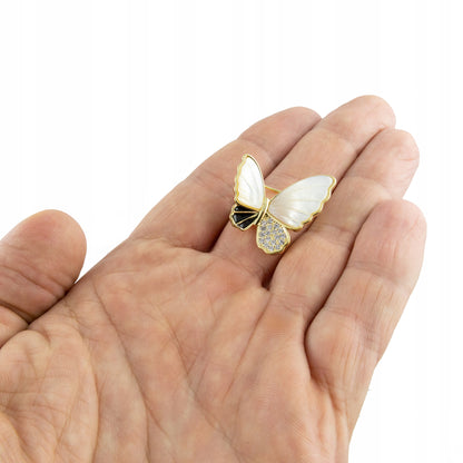 Schmetterling gefüllt mit Perlmutt - 14K vergoldete Brosche