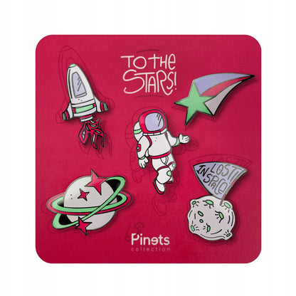 Set mit 5 Sammelpins mit Weltraummotiv „Zu den Sternen!“