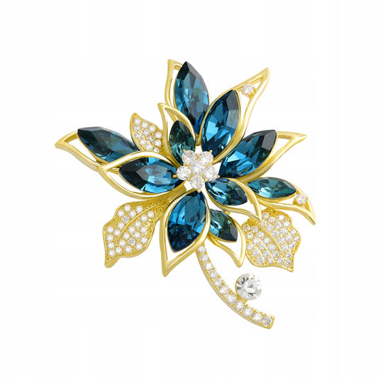 Blaue Blume mit Zirkonia – 14 Karat vergoldete Brosche