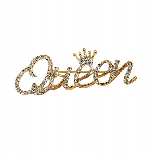Goldinschrift „Queen“ mit einer Krone – Brosche mit Zirkonia