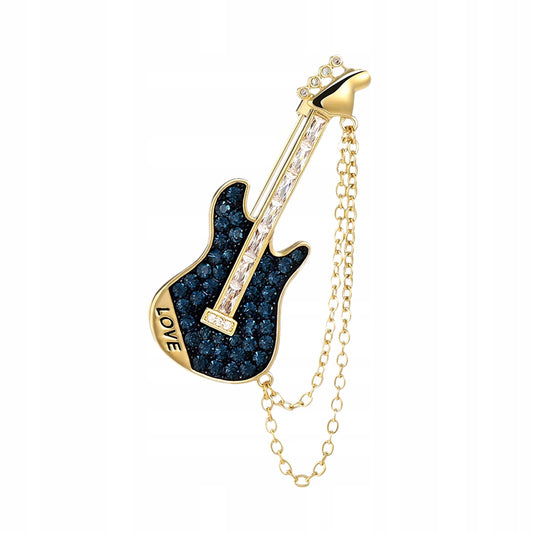 Gitarre mit Kette und LOVE-Aufschrift – 14K vergoldete Brosche