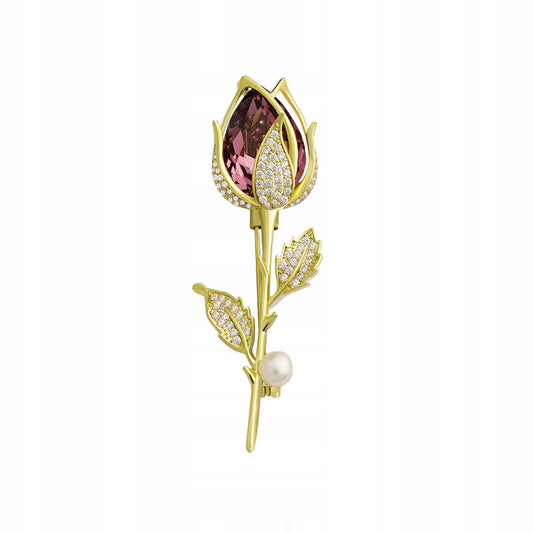 Rose mit Zirkonen und einer Perle – 14 Karat vergoldete Brosche
