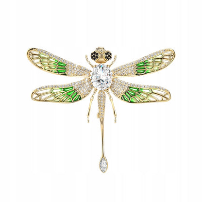 Grüne Libelle mit Zirkonia – 14 Karat vergoldete Brosche