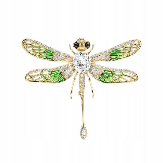 Grüne Libelle mit Zirkonia – 14 Karat vergoldete Brosche